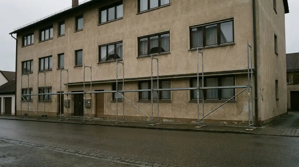 Erste Gerüstlage mit Fußspindeln vor der Fassade