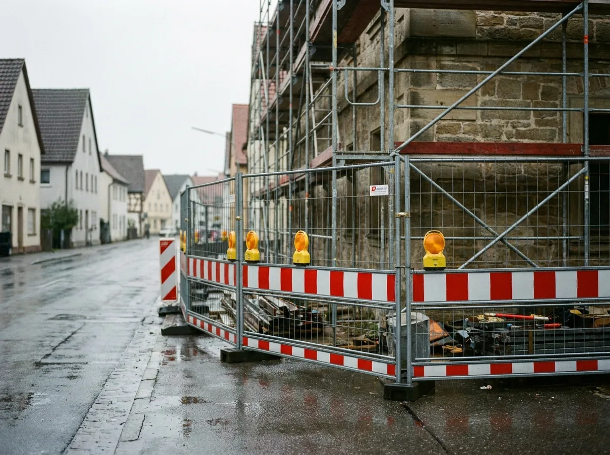 Bauzaunfelder sichern eine eingerüstete Baustelle am Gehweg